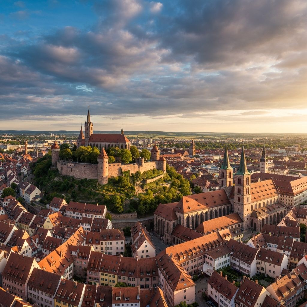 Nürnberg Skyline Panorama bei Sonnenuntergang